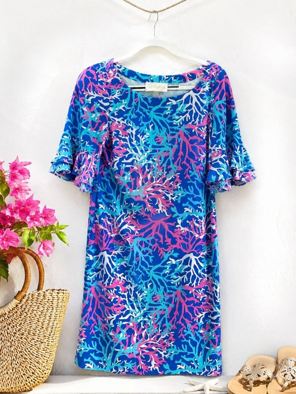 Cappagallo Coral Reef Print Dress Size Medium Blue Pink Ruffle Sleeve Shift Dres